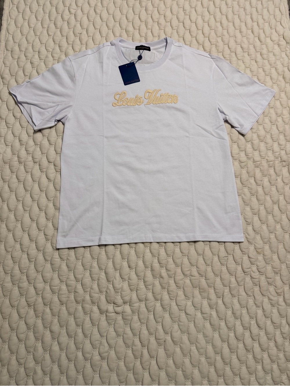 Louis Vuitton White T-Shirt with Yellow-Gold Script Logo